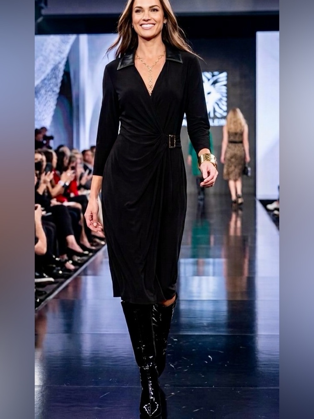 Anne Klein Faux Leather Collar Black Midi Dress w/ Gold Buckle. Size 8 Like New